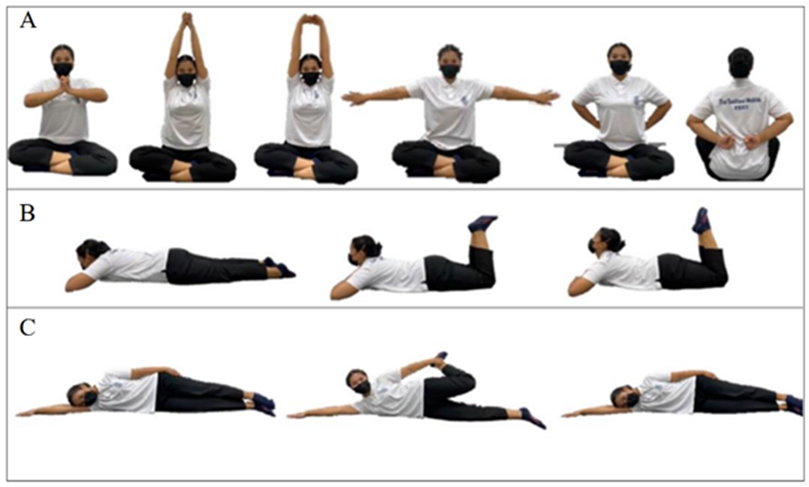 TY postures: stomachache and headache (A), chest and body discomfort (B), and hand and foot weakness (C). The photo was taken by researchers, and the person in this photo signed the informed consent to publish in this study